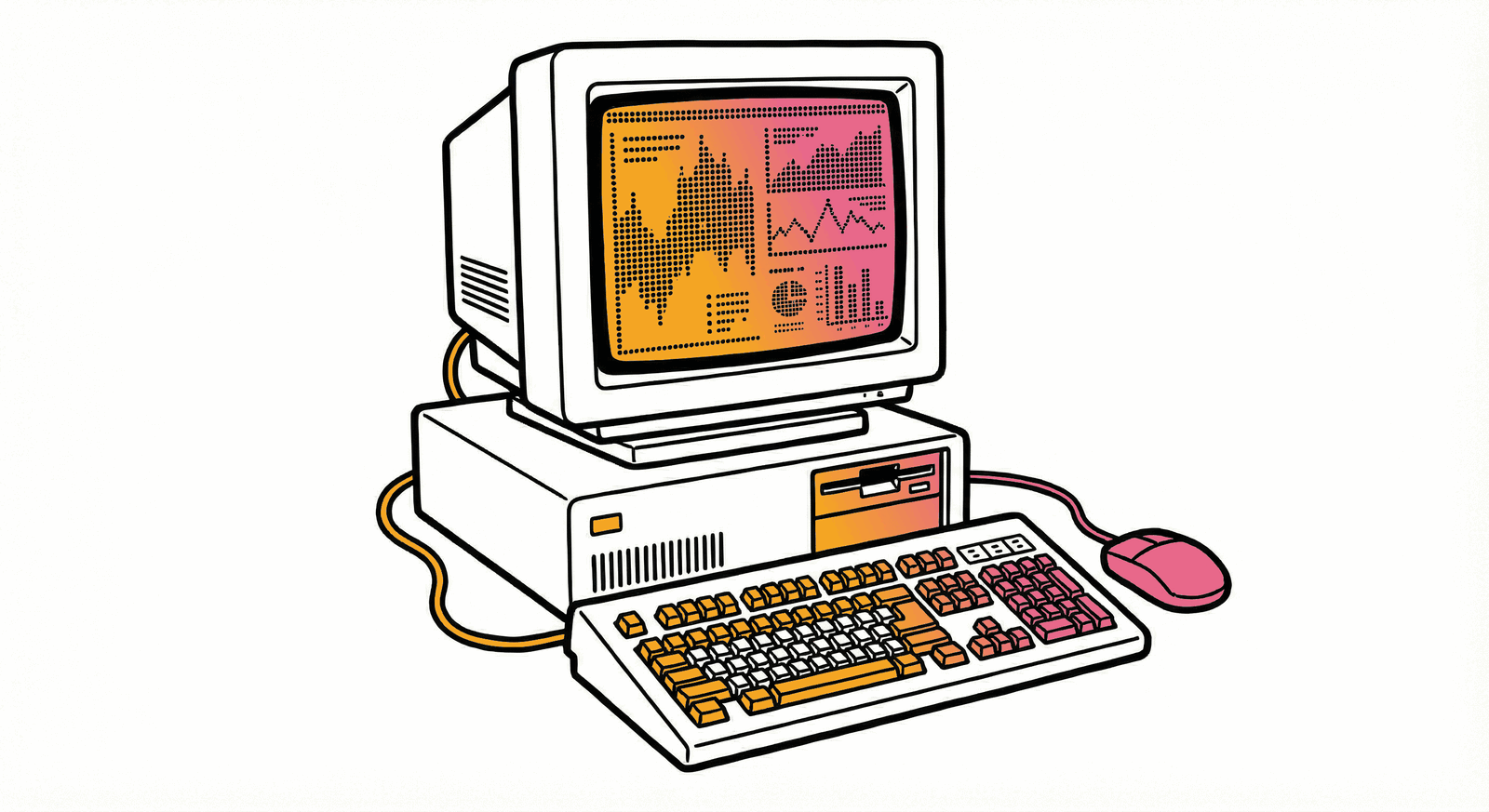 Ein Vintage-Computer mit Röhrenmonitor auf dem moderne Datenvisualisierungen zu sehen sind.